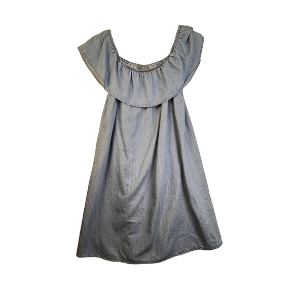 Vero Moda Chambray Frill Dress Women's Medium Blue Ruffle Neck Peasant Cottage - Picture 1 of 10